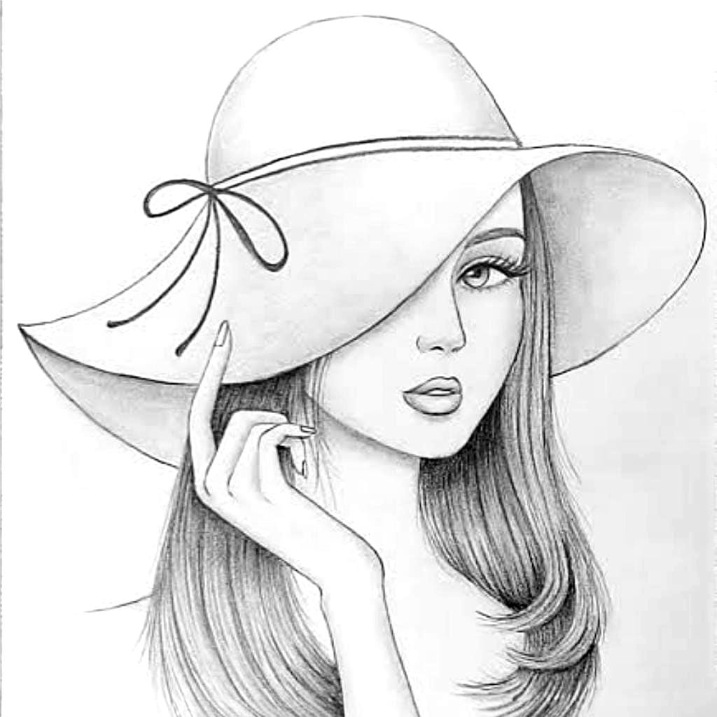 stylish-girl-portrait-hat-pencil-drawing-art-and-craft