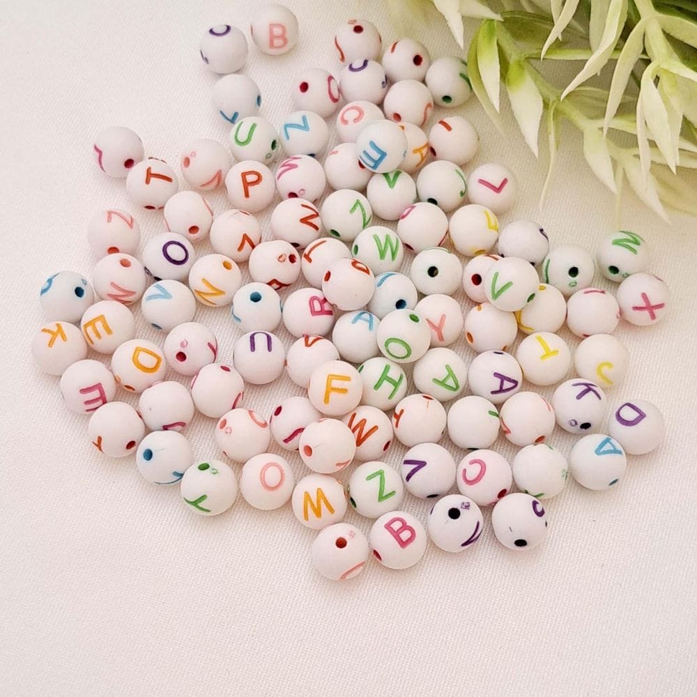 Multicolour Acrylic Round Alphabet Printed Beads (52 pcs)