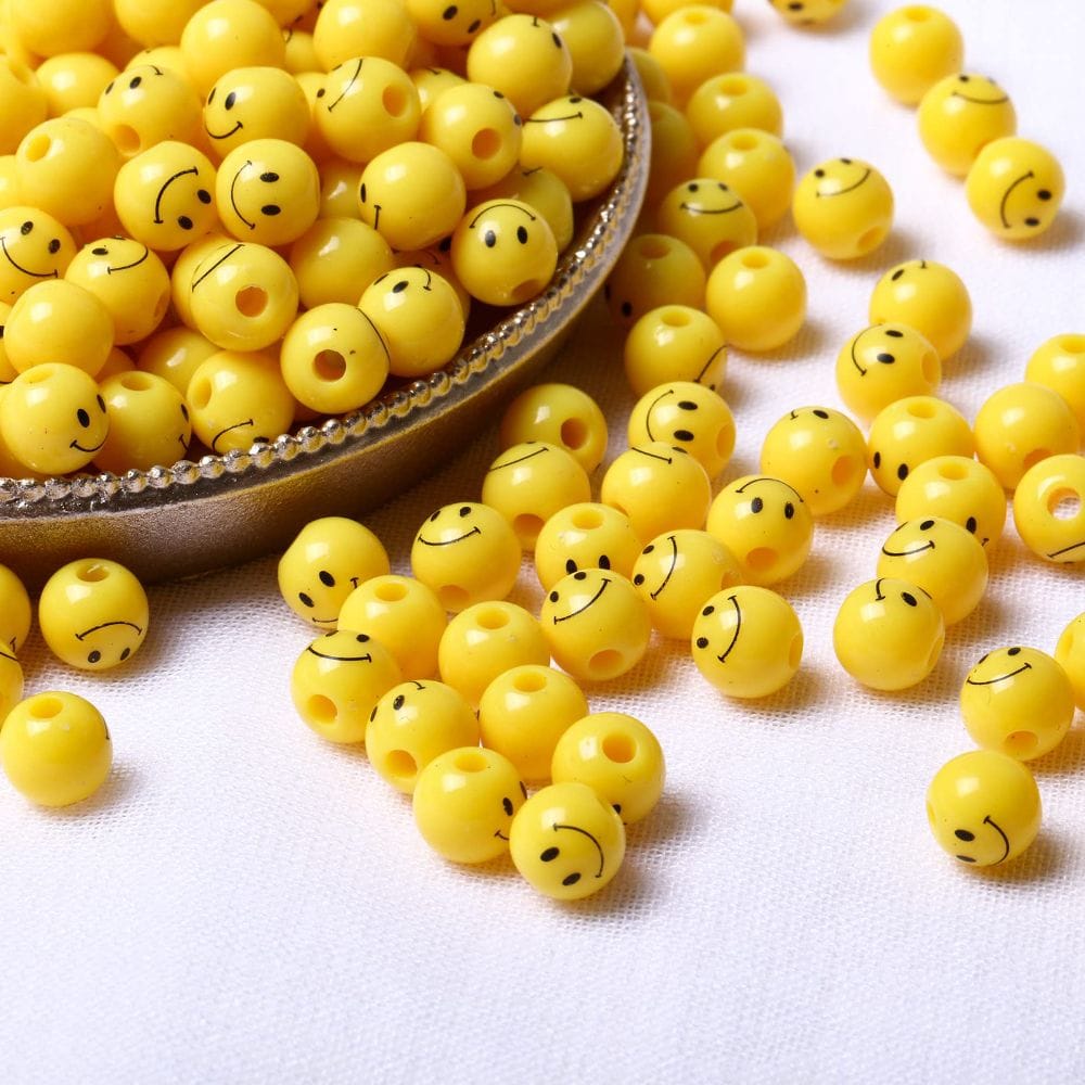 Yellow Acrylic Round Smiley Beads (25 pcs)